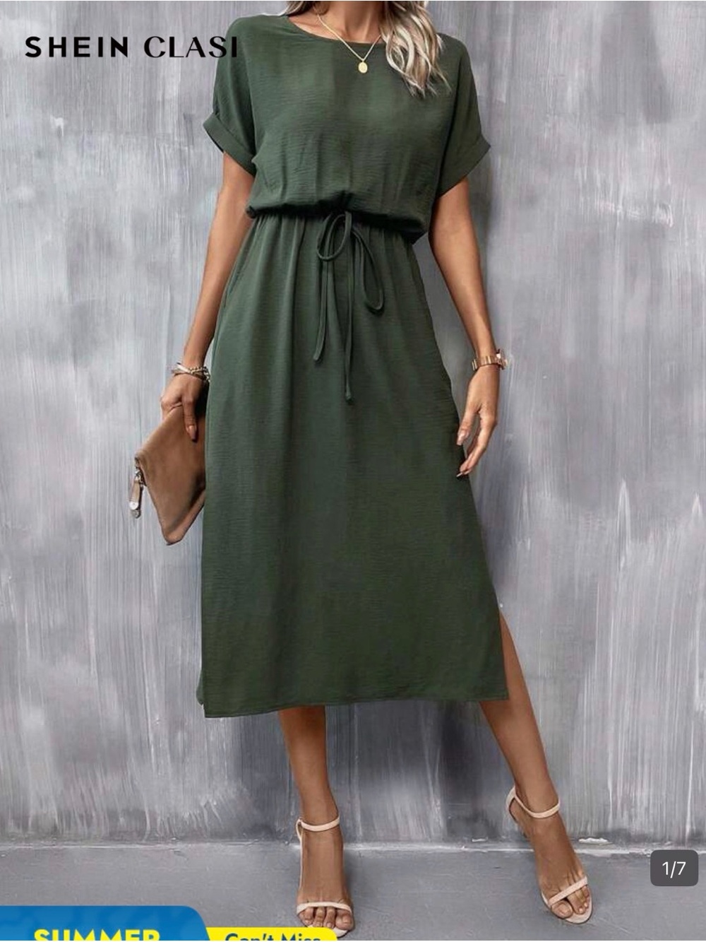 SHEIN Olive Green Drawstring-Waist Midi Dress